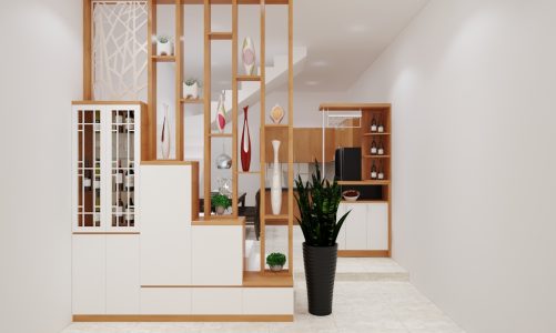 Vách ngăn kết hợp giữa tủ rượu và tủ trưng bày giúp tách biệt không gian phòng khách và bếp.